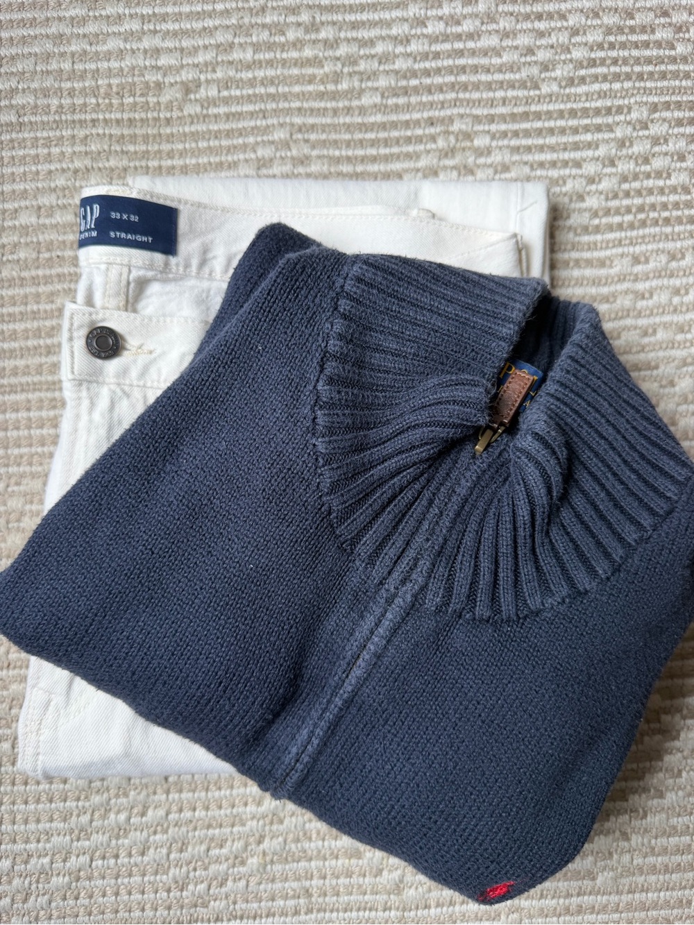 Men’s bundle — Polo Ralph quarter zip (L) + Gap straight White Jeans (33x32)